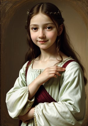 Renaissance portrait in the style of Leonardo da Vinci, upper body of a 5-year-old boy as young Jesus Christ, sfumato technique, subtle gradations, enigmatic smile, muted earth tones, atmospheric perspective, detailed background landscape, chiaroscuro lighting, realistic child anatomy, intricate drapery of Renaissance clothing, oil on wood panel, high level of detail, masterful composition, soft ethereal glow, gentle facial features, flowing hair, delicate hands, serene and innocent expression, simple robe, subtle halo effect
