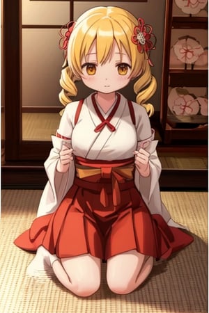 Create a stunning, high-resolution masterpiece of a solo young Japanese girl, around 6 years old, with blonde hair styled in twin drills and twintails, adorned with a cute hair ornament. Her bright yellow eyes sparkle with innocence and curiosity. She wears a traditional Japanese miko (shrine maiden) outfit, including a red hakama, white haori, and a pair of white tabi socks. Her expression is one of playfulness and wonder, capturing the charm and energy of a young child. Generate an image that is highly detailed and visually striking, with a focus on the character's youthful innocence and endearing personality. Highly detailed, masterpiece, 8K, 3D, photorealistic, 1 girl, solo, young, female, Japanese, miko outfit, playful expression, curious.