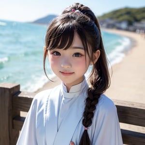 
(6 year old girl:1.7), 

A female priest character from Dragon Quest, with long flowing hair and a serene expression, stands confidently in front of the camera. She is wearing her distinctive priestly attire, which includes a beautifully detailed robe adorned with magical symbols and a flowing cape. The background features a bright, sunny beach with a pyramid in the distance, the ocean waves gently lapping at the shore. The lighting is vibrant and cheerful, highlighting the character's unique appearance and clothing
