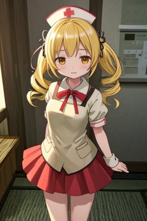 Create a stunning, high-resolution masterpiece of a solo young Japanese girl, around 6 years old, with blonde hair styled in twin drills and twintails, adorned with a cute hair ornament. Her bright yellow eyes sparkle with innocence and curiosity. She wears a traditional Japanese nurse uniform, including a collared shirt, pleated skirt, and a nurse's cap. Her expression is one of playfulness and wonder, capturing the charm and energy of a young child. Generate an image that is highly detailed and visually striking, with a focus on the character's youthful innocence and endearing personality. Highly detailed, masterpiece, 8K, 3D, photorealistic, 1 girl, solo, young, female, Japanese, nurse uniform, nurse's cap, playful expression, curious.