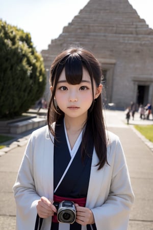 A six-year-old Japanese girl with long black hair, wearing a traditional kimono, stands in front of a camera, facing forward. She is standing in front of a massive ancient pyramid, its stone surface weathered and worn by time. The girl's expression is a mix of wonder and curiosity. The lighting is soft and warm, casting long shadows from the pyramid.