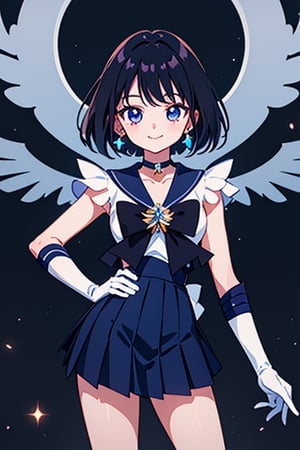 (masterpiece, best quality:1.2), , solo, 1girl, sailor saturn, magical girl, smile, closed mouth, looking at viewer, hand on hip, tiara, sailor senshi uniform, pleated skirt, elbow gloves, jewelry, brooch, choker