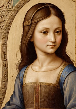 A portrait in the distinctive style of Leonardo da Vinci, depicting the upper body of a 5-year-old girl dressed in traditional ancient Egyptian clothing. The background subtly hints at an ancient Egyptian city, with elements such as detailed architecture and market scenes visible but not distracting from the main subject. The girl has a serene and innocent expression, and the painting captures the intricate details and realistic textures typical of Leonardo da Vinci's work, with a focus on light and shadow to create depth and dimension.