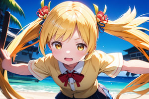 1 girl,
solo,
young Japanese girl,
around 6 years old,
bright yellow eyes,
sparkle with innocence and curiosity,
playful expression,
curious,
young,
female,
Japanese,

wearing a Japanese school uniform,
collared shirt,
pleated skirt,
backpack,

blonde hair,
styled in twin drills and twintails,
adorned with a cute hair ornament,

 front of a Mayan pyramid temple,

bright sunny day,
clear blue sky,
sunlight,

high-resolution,
highly detailed,
masterpiece,
8K,
3D,
photorealistic,

medium shot,

stunning,
visually striking,
youthful innocence,
endearing personality,
playfulness and wonder,
charm and energy of a young child,