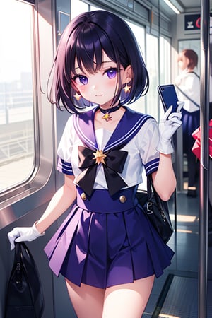 (solo:1.5), (A five-year-old girl:1.5), (Five years old:1.5), (infant:1.5), (little girl:1.5), A 6-year-old Japanese schoolgirl incorporating Sailor Saturn elements,

short purple hair, purple eyes, magical girl outfit, sailor senshi uniform, miniskirt, purple sailor collar, white gloves, circlet, brooch, choker, earrings, gloves, jewelry, star choker,

looking at the viewer, cowboy shot,

Inside a Japanese train,

beautiful and detailed illustration, high-quality, 8k resolution, perfect lighting, extremely detailed CG, perfect hands and anatomy, masterpiece,

Daytime,

