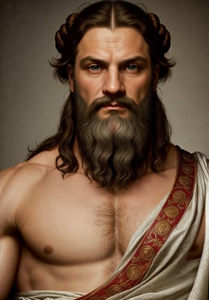 Create a portrait of Zeus, the Greek god, wearing upper body attire, in the style of Leonardo da Vinci. Incorporate elements such as sfumato technique, realistic human anatomy, intricate drapery, and chiaroscuro lighting to capture the essence of the High Renaissance.