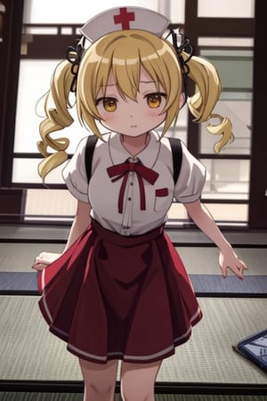 Create a stunning, high-resolution masterpiece of a solo young Japanese girl, around 6 years old, with blonde hair styled in twin drills and twintails, adorned with a cute hair ornament. Her bright yellow eyes sparkle with innocence and curiosity. She wears a traditional Japanese nurse uniform, including a collared shirt, pleated skirt, and a nurse's cap. Her expression is one of playfulness and wonder, capturing the charm and energy of a young child. Generate an image that is highly detailed and visually striking, with a focus on the character's youthful innocence and endearing personality. Highly detailed, masterpiece, 8K, 3D, photorealistic, 1 girl, solo, young, female, Japanese, nurse uniform, nurse's cap, playful expression, curious.