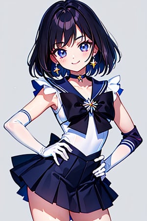 (masterpiece, best quality:1.2), , solo, 1girl, sailor saturn, magical girl, smile, closed mouth, looking at viewer, hand on hip, tiara, sailor senshi uniform, pleated skirt, elbow gloves, jewelry, brooch, choker