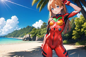 (6 year old girl:1.7), 

(cowboy shot:1.3), 
standing,
Asuka Langley Soryu from Neon Genesis Evangelion, young child, blue eyes, orange hair, hair between eyes, cute expression, childlike features, wearing a red plugsuit, outdoors, looking at viewer, innocent pose, standing on a beach at a sunny resort, with the ocean in the background, bright blue sky, and a tropical landscape surrounding her.