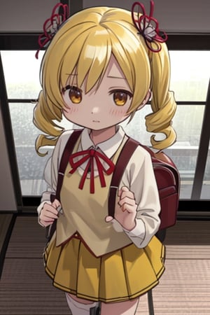 Create a stunning, high-resolution masterpiece of a solo young Japanese girl, around 6 years old, with blonde hair styled in twin drills and twintails, adorned with a cute hair ornament. Her bright yellow eyes sparkle with innocence and curiosity. She wears a traditional Japanese kindergarten uniform, including a collared shirt, pleated skirt, and a backpack. Her expression is one of playfulness and wonder, capturing the charm and energy of a young child. Generate an image that is highly detailed and visually striking, with a focus on the character's youthful innocence and endearing personality. Highly detailed, masterpiece, 8K, 3D, photorealistic, 1 girl, solo, young, female, Japanese, kindergarten uniform, backpack, playful expression, curious.
