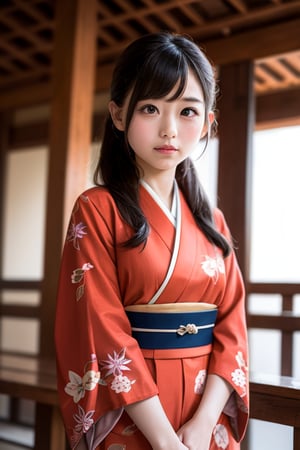 A six-year-old Japanese girl with long black hair, wearing a traditional kimono, stands in front of a camera, facing forward. She is standing in front of a serene ancient Japanese shrine, its wooden structure adorned with intricate carvings and surrounded by lush greenery. The girl's expression is one of tranquility and reverence, her eyes gazing at the shrine with a sense of awe. The lighting is soft and natural, casting a warm glow on the scene.