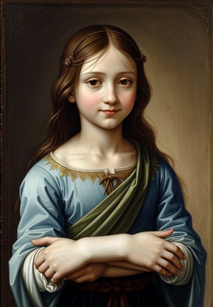 Renaissance portrait in the style of Leonardo da Vinci, upper body of a 5-year-old boy as Jesus Christ, sfumato technique, subtle gradations, enigmatic smile, muted earth tones, atmospheric perspective, detailed background landscape, chiaroscuro lighting, realistic child anatomy, intricate drapery of Renaissance clothing, oil on wood panel, high level of detail, masterful composition, soft ethereal glow, gentle facial features, flowing hair, delicate hands, serene and divine expression, robe in muted colors, subtle halo effect