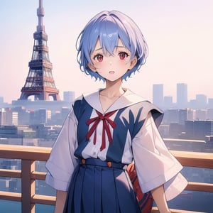 (6 year old girl:1.7), ayanami_rei, (insanely detailed:1.1), (Ultra detailed:1.1), high-quality 8K illustration, (cowboy shot:1.4), 1girl, looking at viewer, solo, blue hair, red eyes, hair between eyes, (short hair:1.2), (casual clothes:1.3), (school uniform:1.2), on a bright sunny day, (Tokyo Tower in background:1.4), beautiful detailed sky, beautiful detailed glow, posing in front of a dynamic background, masterpiece, best quality, beautiful and aesthetic, female focus, wallpaper
