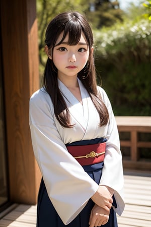 A six-year-old Japanese girl with long black hair, wearing a traditional kimono, stands in front of a camera, facing forward. She is standing in front of a serene ancient Japanese shrine, its wooden structure adorned with intricate carvings and surrounded by lush greenery. The girl's expression is one of tranquility and reverence, her eyes gazing at the shrine with a sense of awe. The lighting is soft and natural, casting a warm glow on the scene.