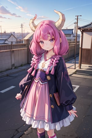 aaaura, braid, twin braids, horns, 

(A girl in a magical outfit:1.3),

Create a photorealistic, ultra-high-resolution (8K) image of a young, petite 6-year-old Japanese girl with a gentle and kind expression. She should be standing on the rooftop of a school on a bright, sunny day.