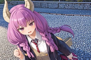 aaaura, braid, twin braids, horns, 

Highly detailed, photorealistic portrait of a young, petite Japanese high school girl with long, beautiful hair in twin braids, wearing a school uniform with a pleated skirt, blazer, tie, and loafers, carrying a backpack. She has a gentle, kind expression and looks like a cute, pretty idol. The image is ultra-detailed, masterfully crafted, and of the highest picture quality.