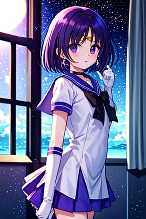 A detailed illustration of Sailor Saturn, a 6-year-old Japanese schoolgirl in a classroom setting, standing in front of a school building at night. She is wearing her sailor senshi uniform, complete with a purple sailor collar, miniskirt, white gloves, and a star choker. Her short purple hair is adorned with a circlet, brooch, earrings, and gloves. Her purple eyes are sparkling and full of life. The scene is lit by the moonlight, and the night sky is filled with stars. The image is rendered in high resolution with perfect lighting, extremely detailed CG, and beautiful, detailed eyes. The composition is a cowboy shot, and the overall style is a masterpiece.