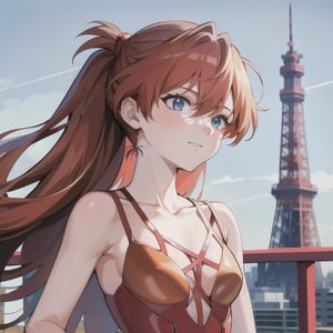 Upper body portrait of 6-year-old Asuka Langley Soryu from Neon Genesis Evangelion on a bright sunny day, distinctive red hair with neural clips, blue eyes, cheerful expression, wearing her iconic red dress, Tokyo Tower in the background, 8K resolution, photorealistic, natural lighting, highly detailed, sharp focus