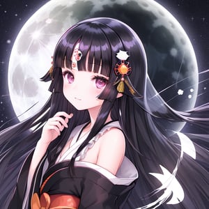 (black hair:1.5),
masterpiece, best quality, intricate details, (kaguya-hime:1.5), (little girl:1.5), (petite:1.5), beautiful child, black hair, white skin, light purple eyes, traditional Japanese kimono, (full moon background:1.3), ethereal glow, innocent smile, (childlike features:1.2), (fairy tale atmosphere:1.3), upper body portrait, (moonlit sky:1.2), (soft moonlight illumination:1.2), (lunar landscape:1.1), (kimono with moon patterns:1.1), (celestial theme:1.2)