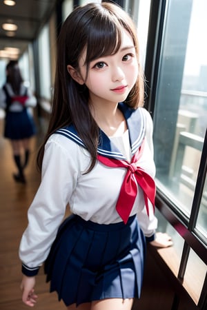 A beautiful elementary school girl with long, flowing black hair styled in elegant vertical rolls and captivating eyes navigates the bustling interior of a modern office building. She wears a stylish elementary school girl uniform (either a sailor suit or a one-piece dress) that complements her youthful innocence. The girl could be walking down a hallway, taking an elevator ride, or simply gazing out the window at the cityscape below. The scene is captured in high resolution and with the highest image quality, making it look realistic and as if it were a photograph.