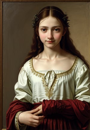 Renaissance portrait in the style of Leonardo da Vinci, upper body of a 15-year-old boy as young Jesus Christ, sfumato technique, subtle gradations, enigmatic smile, muted earth tones, atmospheric perspective, detailed background landscape, chiaroscuro lighting, realistic adolescent anatomy, intricate drapery of Renaissance clothing, oil on wood panel, high level of detail, masterful composition, soft ethereal glow, gentle facial features, flowing hair, delicate hands, serene and innocent expression, simple robe, subtle halo effect