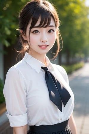 Masterpiece, top quality, official art, highly detailed CG Unity 8K wallpaper, like a , very delicate and beautiful, ultra high resolution, (photorealistic: 1.4), golden hour lighting, (upper body), (platinum shorthair: 0.8), (puffy eyes), looking at the viewer, facing the front, smiling, JK skirt, white dress, Shirt Lift Long Black Hair
