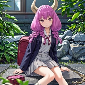 aaaura, braid, twin braids, horns, 

Create a photorealistic, ultra-high-resolution (8K) image of a young, petite Japanese high school student with a gentle and kind expression. She should be wearing a traditional schoolgirl uniform, consisting of a pleated skirt, blazer, tie, and loafers, with a backpack by her side. Her hair should be styled in intricate, twin braids adorned with subtle, shimmering aaaura accents and horns. The image should exude a bright, natural atmosphere, with highly detailed textures and subtle, realistic lighting. The subject should embody the qualities of a cute and pretty idol, with minimal jewelry and a focus on her natural beauty. The overall image should be a masterpiece of ultra-detailed, top-quality artistry, evoking a sense of wonder and enchantment in the viewer.