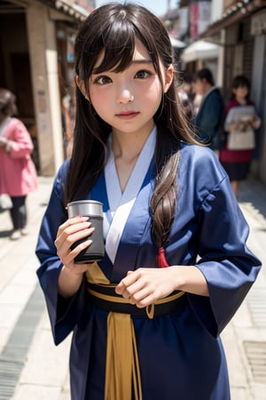 A six-year-old Japanese girl with long black hair, wearing a traditional kimono, stands in front of a camera, facing forward. She is standing in a bustling Indian town in the year 500 AD, surrounded by colorful bazaars, vibrant temples, and people dressed in flowing saris and dhotis. The girl's expression is one of wonder and curiosity, her eyes wide with amazement at the sights and sounds of the town.
