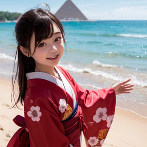 A six-year-old Japanese girl with long black hair, wearing a traditional kimono, stands in front of a camera, facing forward. She is standing on a bright, sunny beach by the sea, with soft sand beneath her feet and a majestic pyramid in the background. The girl's expression is one of joy and wonder, her eyes sparkling as she takes in the beauty of the beach and the pyramid. The lighting is bright and cheerful, casting a warm glow on the scene.