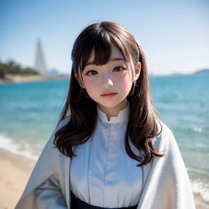 
(6 year old girl:1.7), 

A female priest character from Dragon Quest, with long flowing hair and a serene expression, stands confidently in front of the camera. She is wearing her distinctive priestly attire, which includes a beautifully detailed robe adorned with magical symbols and a flowing cape. The background features a bright, sunny beach with a pyramid in the distance, the ocean waves gently lapping at the shore. The lighting is vibrant and cheerful, highlighting the character's unique appearance and clothing
