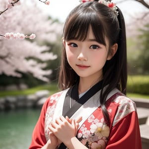 A stunning portrait of an 8-year-old Japanese girl, radiating beauty and innocence. She has long, flowing black hair, large, expressive dark eyes, and a delicate, heart-shaped face. She is wearing a traditional Japanese kimono, adorned with intricate patterns and vibrant colors. The background is a serene Japanese garden with cherry blossoms in full bloom. Highly detailed, masterpiece, 8K resolution.