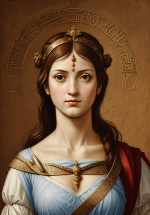 Create a portrait of Athena, the Greek goddess, wearing upper body attire, in the style of Leonardo da Vinci. Incorporate elements such as sfumato technique, realistic human anatomy, intricate drapery, and chiaroscuro lighting to capture the essence of the High Renaissance