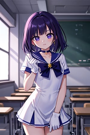 a 6-year-old Japanese schoolgirl, incorporating Sailor Saturn elements, (purple eyes:1.1),  (in a classroom setting:1.2),short purple hair, circlet, brooch, choker, earrings, gloves, jewelry, magical girl, miniskirt, purple sailor collar, sailor collar, sailor senshi uniform, skirt, star choker, white gloves, BREAK school background, daytime, natural light, BREAK looking at viewer, (cowboy shot:1.5),BREAK (masterpiece:1.2), best quality, high resolution, unity 8k wallpaper, (illustration:0.8), (beautiful detailed eyes:1.6), extremely detailed face, perfect lighting, extremely detailed CG, (perfect hands, perfect anatomy), sailor saturn.