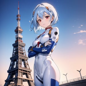 (6 year old girl:1.7), ayanami_rei, (insanely detailed:1.1), (Ultra detailed:1.1), high-quality 8K illustration, (cowboy shot:1.4), 1girl, looking at viewer, solo, blue hair, red eyes, hair between eyes, (short hair:1.2), (white and blue plugsuit:1.3), (neural connectors:1.1), on a bright sunny day, (Tokyo Tower in background:1.4), beautiful detailed sky, beautiful detailed glow, posing in front of a dynamic background, masterpiece, best quality, beautiful and aesthetic, female focus, wallpaper
