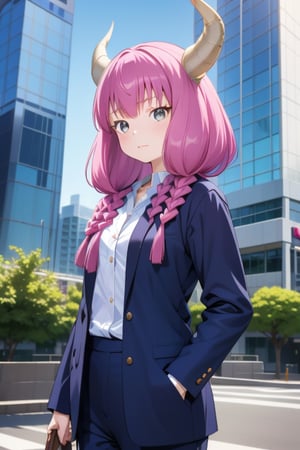 (solo:1.1),
young,
petite,
6-year-old,
Japanese girl,
gentle and kind expression,

aaaura,
braid,
twin braids,
horns,

(Office worker clothes:1.1),

looking at the viewer, cowboy shot,

In front of a building in Shinjuku,

bright,
sunny day,

photorealistic,
ultra-high-resolution,
8K,
