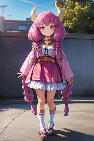 aaaura, braid, twin braids, horns, 

(A girl in a magical outfit:1.3),

Create a photorealistic, ultra-high-resolution (8K) image of a young, petite 6-year-old Japanese girl with a gentle and kind expression. She should be standing on the rooftop of a school on a bright, sunny day.