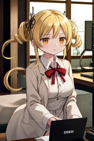 Create a stunning, high-resolution masterpiece of a solo young Japanese woman with blonde hair styled in twin drills and twintails, adorned with a professional-looking hair ornament. Her bright yellow eyes convey a sense of expertise and dedication. She wears a white lab coat over a collared shirt, indicating her role as a pharmacist. She holds a clipboard or tablet, signifying her engagement in her medical duties. Her expression is one of focused concentration, reflecting her professionalism and commitment to her work. Generate an image that is highly detailed and visually striking, with a focus on capturing the character's competence and authority in the pharmaceutical field. Highly detailed, masterpiece, 8K, 3D, photorealistic, 1 woman, solo, young, female, Japanese, lab coat, clipboard, tablet, serious expression, determined, authoritative.