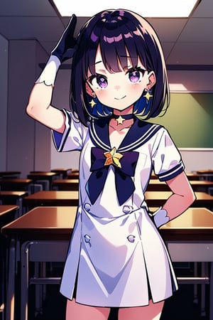  (A five-year-old girl:1.5),
 (Five years old:1.5),
 (infant:1.5),
 (little girl:1.5),
A beautiful and detailed illustration of a 6-year-old Japanese schoolgirl in a classroom setting, incorporating Sailor Saturn elements. She has short purple hair, purple eyes, and is wearing a magical girl outfit with a sailor senshi uniform, miniskirt, purple sailor collar, white gloves, circlet, brooch, choker, earrings, gloves, jewelry, and a star choker. The image should be in a high-quality, 8k resolution, with perfect lighting, extremely detailed CG, and perfect hands and anatomy. The girl should be looking at the viewer in a cowboy shot, with a natural light source and a school background. 