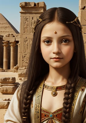 A painting of a 5-year-old girl in an ancient Egyptian city, depicted in Leonardo da Vinci's distinctive style. The scene should feature intricate architectural details of Egyptian temples and pyramids, with the girl in the foreground. Use sfumato technique for soft transitions between colors and tones. Include realistic human anatomy and natural elements like the Nile River. Emphasize the girl's curious expression and delicate features. Incorporate da Vinci's fascination with light and shadow, creating a mysterious atmosphere. Blend Renaissance and ancient Egyptian aesthetics seamlessly