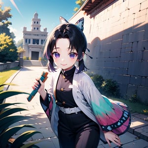 (insanely detailed:1.1), (Ultra detailed:1.1), (8K resolution:1.1), masterpiece, best quality, highres, photorealistic, natural lighting, high contrast, vivid colors, hyper-detailed textures, lifelike rendering, 1girl, solo, kochou shinobu, (6 year old girl:1.7), butterfly hair ornament, multicolored hair, short hair, parted bangs, purple eyes, haori, wide sleeves, black pants, black jacket, belt, (medium shot:1.4), cowboy shot, (smile:1.0), holding weapon, katana, sheathed, Mayan pyramid temple in background, bright sunny day, clear blue sky, lush tropical vegetation, ancient stone steps, intricate Mayan carvings on temple walls