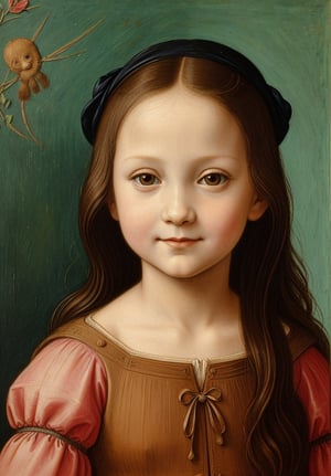 A painting of a 5-year-old girl in a school setting, depicted in Leonardo da Vinci's style, characterized by innocent, playful, and detailed features.
