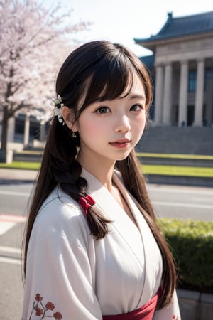 A beautiful black-haired Japanese elementary school girl stands confidently in front of the National Diet Building, its imposing neo-Baroque architecture a symbol of Japan's democracy. Her long, flowing hair, styled in elegant braids adorned with delicate cherry blossom hair clips, cascades down her back. She wears a modern kimono, its fabric shimmering with subtle floral patterns, a fusion of traditional elegance and modern sensibility. Her eyes, filled with wonder and curiosity, meet the viewer's gaze directly, radiating a sense of hope and optimism for the future. The scene is rendered in high resolution and with the highest image quality, creating a realistic and captivating depiction of a young girl embodying the spirit of democracy and progress. The image exudes a sense of historical significance, cultural pride, and a hint of mystery, blending the familiar with the extraordinary.