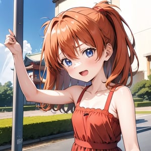 (6 year old girl:1.7), Asuka Langley Soryu from Neon Genesis Evangelion, young child, blue eyes, orange hair, hair between eyes, cute expression, childlike features, (no interface headset), wearing a red dress or casual children's outfit, outdoors, looking at viewer, innocent pose, background is Tokyo Imperial Palace
