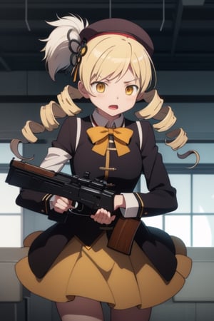 best quality, masterpiece, highres, solo, blonde_hair, drill_hair, twin_drills, twintails, hair_ornament, yellow_eyes, magical_girl, 1girl, beret, gun, hat, parody, weapon, open_mouth