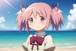 (6 year old girl:1.7), 
(medium shot:1.3), 
best quality, masterpiece, highres, solo, (kaname_madoka_puellamagimadokamagica:1.15), pink_hair, short_hair, twintails, short_twintails, pink_eyes, ribbon, hair_ribbon, bow, blush, 1girl, mitakihara_school_uniform, official_style, parody, school_uniform, background_beach, sunny_day, clear_sky, ocean_view

