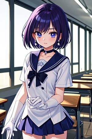 a 6-year-old Japanese schoolgirl, incorporating Sailor Saturn elements, (purple eyes:1.1),  (in a classroom setting:1.2),short purple hair, circlet, brooch, choker, earrings, gloves, jewelry, magical girl, miniskirt, purple sailor collar, sailor collar, sailor senshi uniform, skirt, star choker, white gloves, BREAK school background, daytime, natural light, BREAK looking at viewer, (cowboy shot:1.5),BREAK (masterpiece:1.2), best quality, high resolution, unity 8k wallpaper, (illustration:0.8), (beautiful detailed eyes:1.6), extremely detailed face, perfect lighting, extremely detailed CG, (perfect hands, perfect anatomy), sailor saturn.