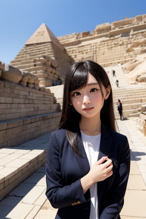 A young Japanese girl with long, raven-black hair standing in the foreground, facing the imposing ancient pyramids of Giza. She wears a futuristic-inspired outfit that blends traditional Japanese elements with a sleek, modern design. The girl's expression is one of awe and wonder, as she gazes up at the timeless monuments of the past. The contrast between the girl's forward-looking attire and the ancient, weathered stone of the pyramids creates a sense of cultural exchange and global interconnectedness. The scene conveys a feeling of curiosity and exploration, with the girl serving as a representation of the next generation's engagement with the mysteries and marvels of the world.