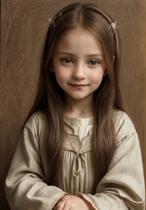 Renaissance portrait in the style of Leonardo da Vinci, upper body of a 5-year-old girl as young Virgin Mary, sfumato technique, subtle gradations, enigmatic smile, muted earth tones, atmospheric perspective, detailed background landscape, chiaroscuro lighting, realistic child anatomy, intricate drapery of Renaissance clothing, oil on wood panel, high level of detail, masterful composition, soft ethereal glow, gentle facial features, flowing hair, delicate hands, serene and innocent expression, simple robe, subtle halo effect.