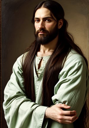 Renaissance portrait in the style of Leonardo da Vinci, upper body of Jesus Christ, sfumato technique, subtle gradations, enigmatic expression, muted earth tones, atmospheric perspective, detailed background landscape, chiaroscuro lighting, realistic human anatomy, intricate drapery of Renaissance clothing, oil on wood panel, high level of detail, masterful composition, soft ethereal glow, gentle yet powerful facial features, flowing hair and beard, expressive hands, serene and divine presence, robe in muted colors, subtle halo effect