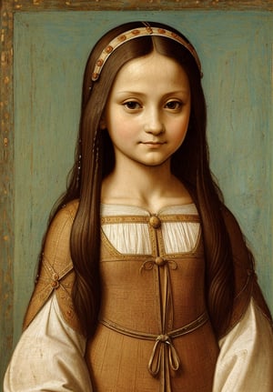 A portrait in the distinctive style of Leonardo da Vinci, depicting the upper body of a 5-year-old girl dressed in traditional ancient Egyptian clothing. The background subtly hints at an ancient Egyptian city, with elements such as detailed architecture and market scenes visible but not distracting from the main subject. The girl has a serene and innocent expression, and the painting captures the intricate details and realistic textures typical of Leonardo da Vinci's work, with a focus on light and shadow to create depth and dimension.